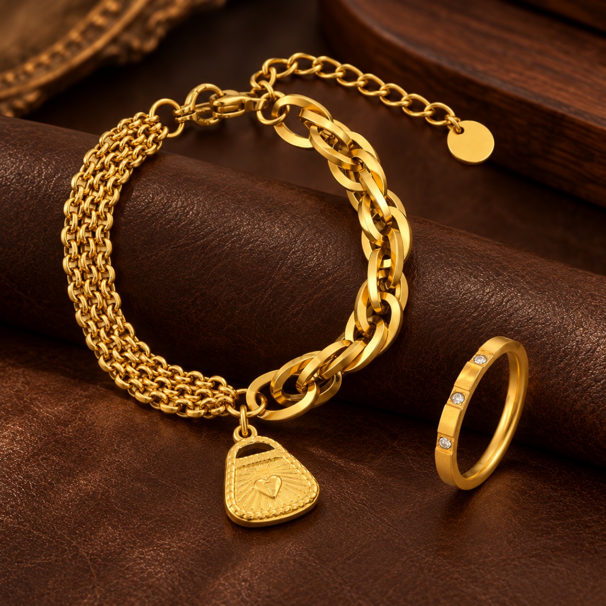 2pc Women's Heart Lock Bracelet & Zirconia Ring Set