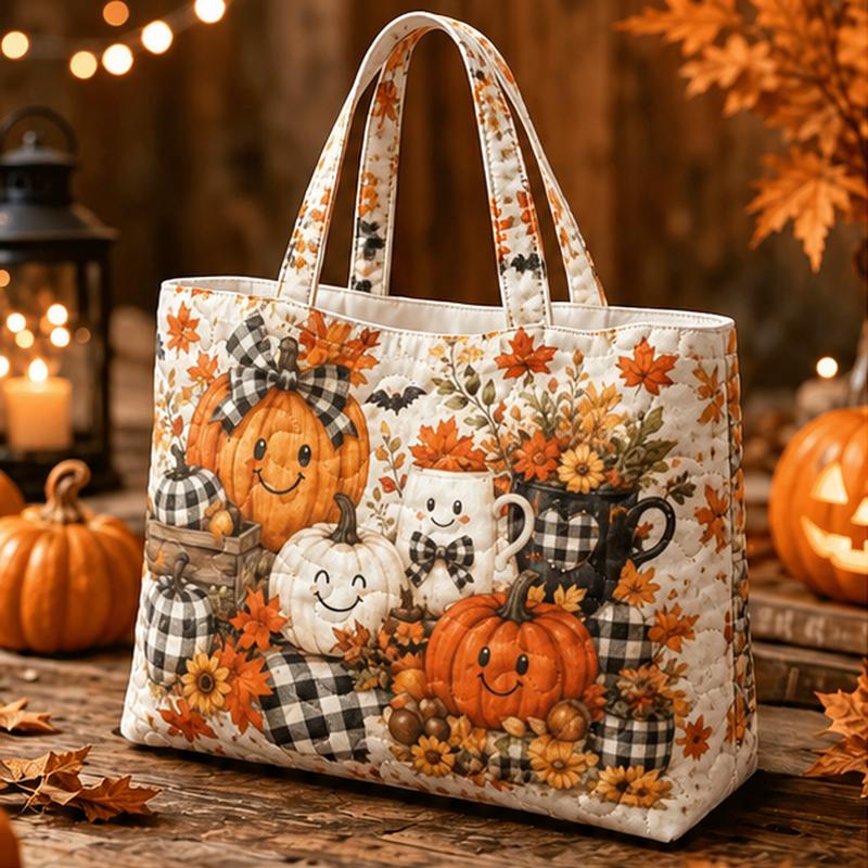 TEMU 1 pièce Sac fourre-tout matelassé pour femme avec imprimé citrouille d'automne et fermeture à glissière - Sac à main matelassé léger adapté à ,