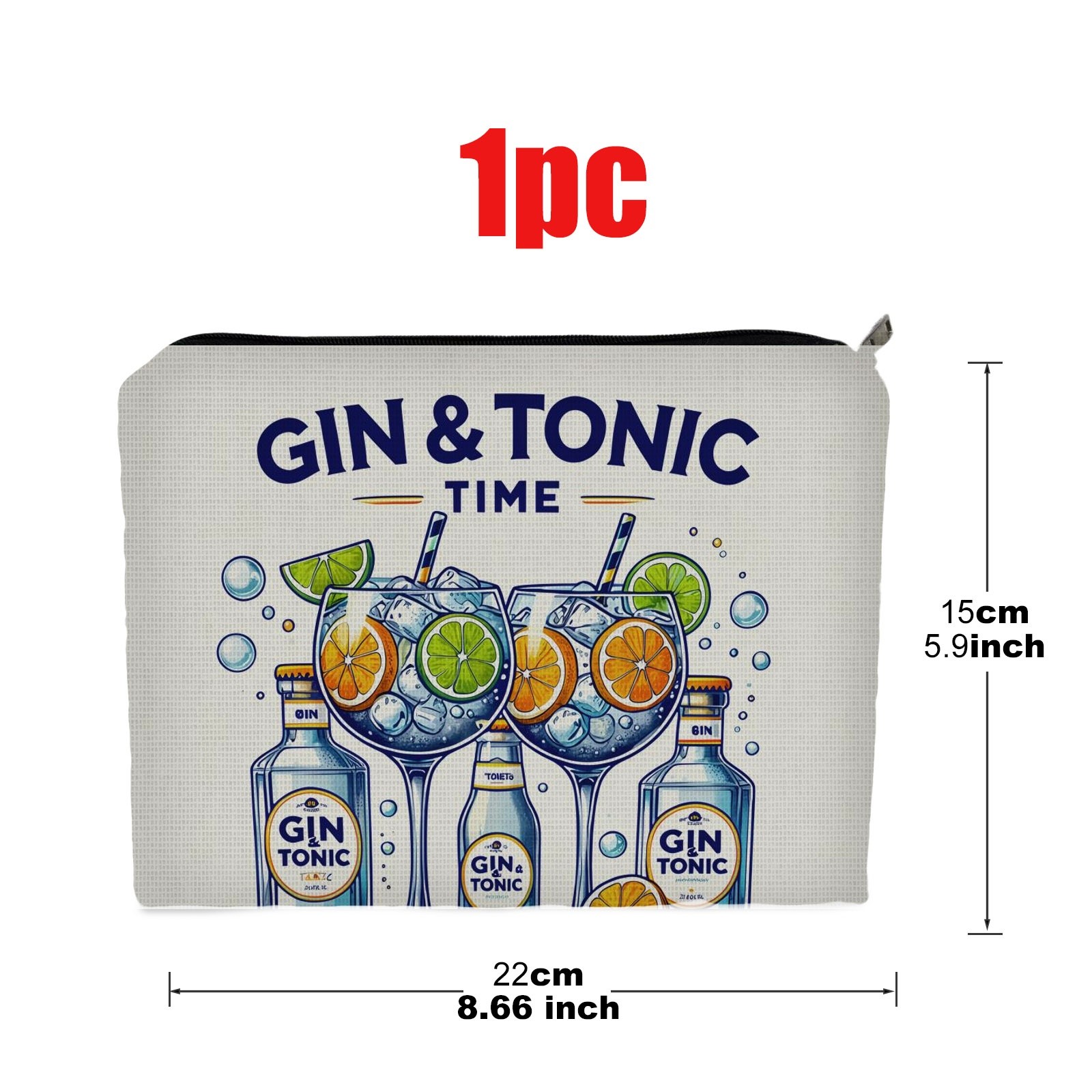 TEMU Pochette per trucco con stampa Gin & Tonic Time - Borsa da toilette compatta bifacciale adatta per viaggio e uso , con Gin & Tonic, portatile,