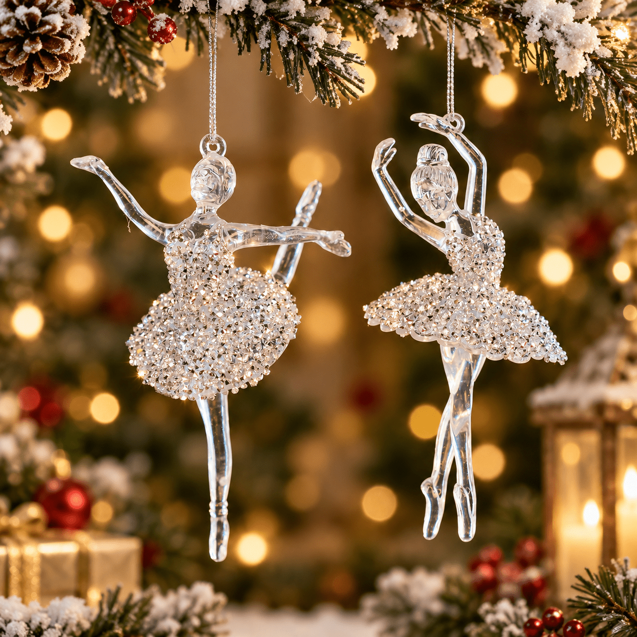 TEMU 2pcs Ornements de Noël Ballerine en Cristal, Décorations Suspendues de Danseuse de Ballet Transparentes et Étincelantes avec Jupe en Strass,