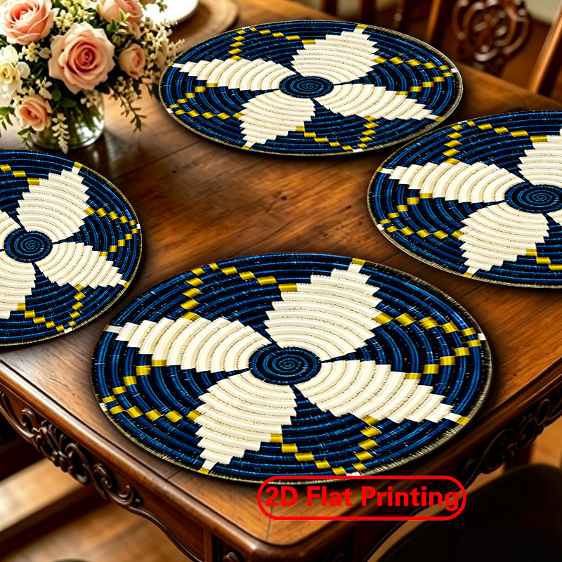 TEMU Set van 4 ronde placemats geschikt voor elegant dineren, vintage spiraalmandtafel met spiraal, blauwe & gele tafelbeschermers, boerderijstijl,