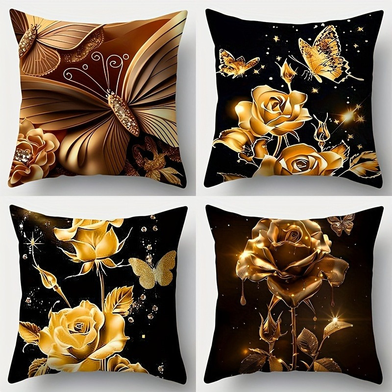 

4pcs Luxe Black & Golden Floral Pillowcase Set - Style, Zippered Polyester Cushion Covers For Decor