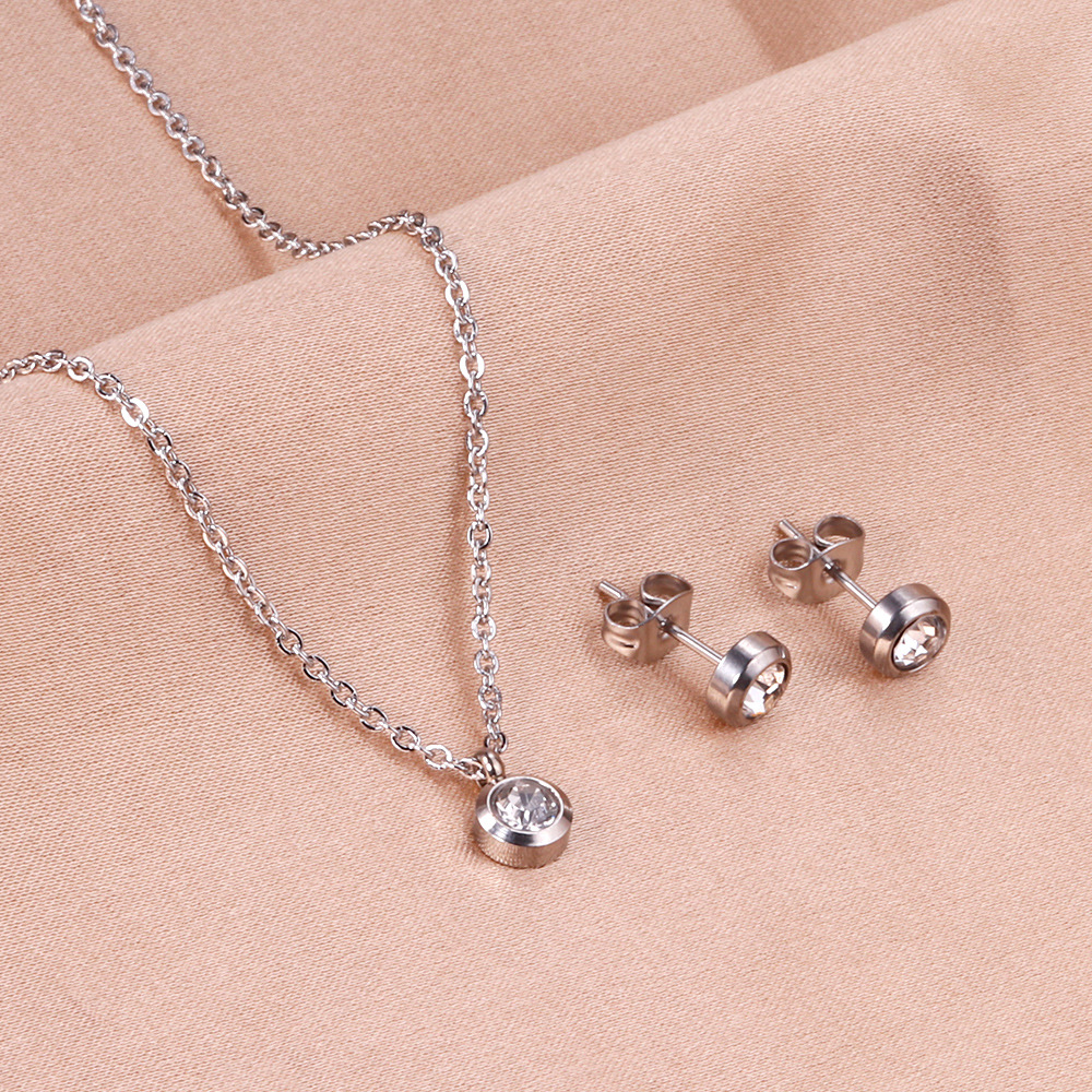 TEMU 3pcs 316l Stainless Steel 18k Golden Plated Round Inlaid Jewelry Set Pendant Necklace And Stud Earrings, Thin O-chain Waterproof Hypoallergenic