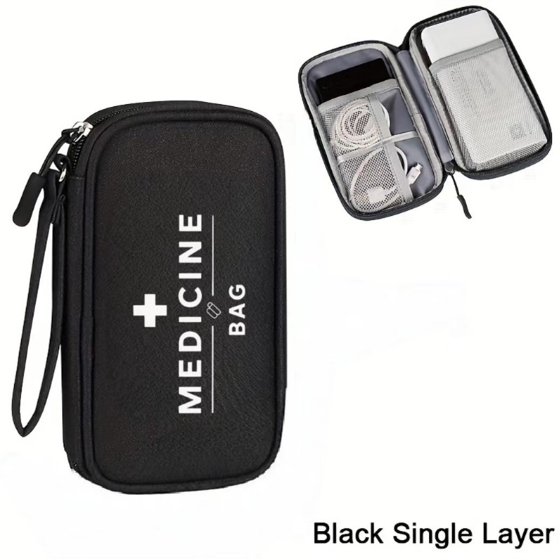 Image of Travel Empty Medicine Bag With " Bag" Floral Zipper Design, Featuring Compartmentalized Sections For Organizing Cables, Portable Travel Organizer Pouch For Storing Like Cables, Data Cords, Phones