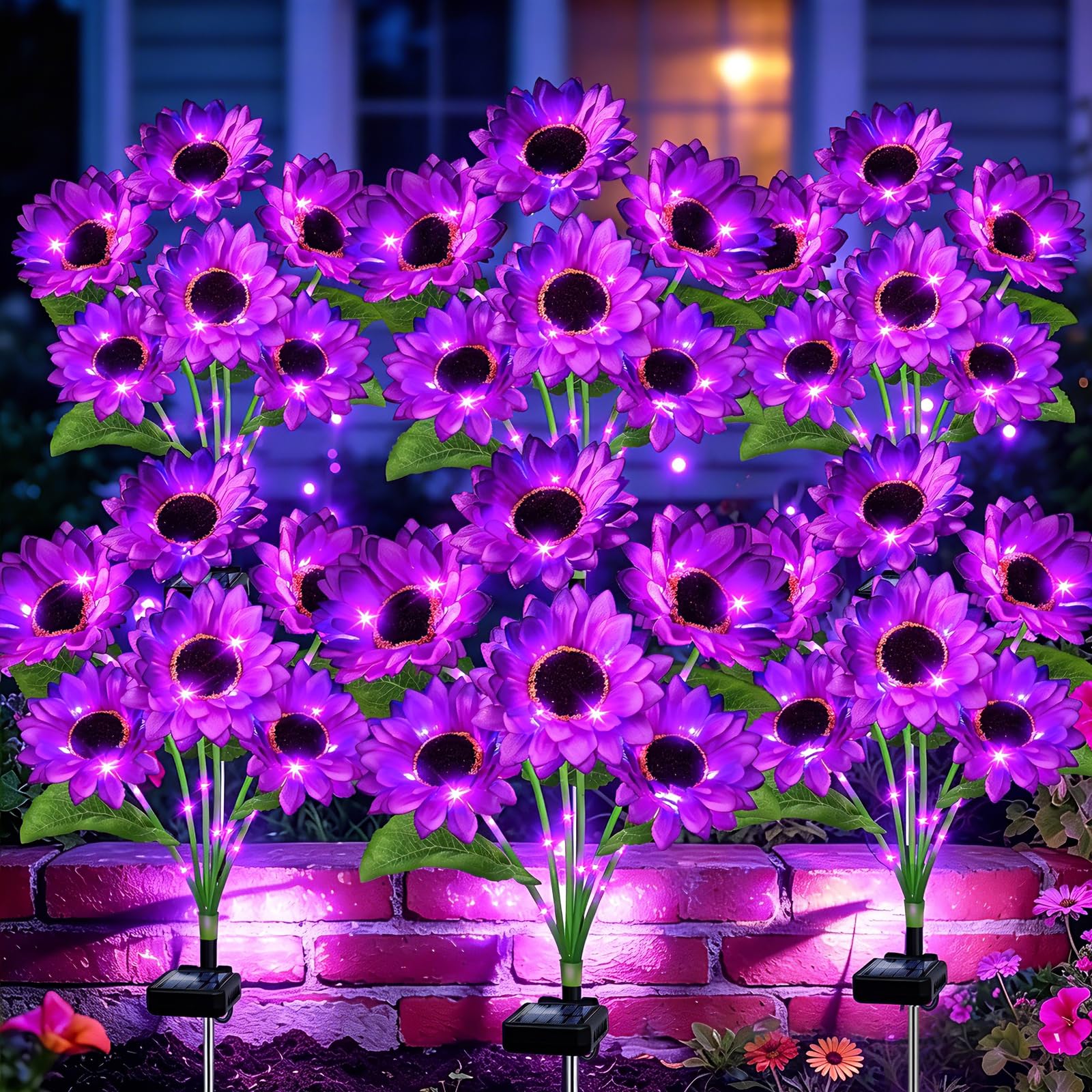 TEMU Solar Garden Lights Outdoor, 3 Pack Purple Sunflower Lights With 18 Real Looking Flowers, Summer Garden Decor Solar Flowers For Yard Backyard