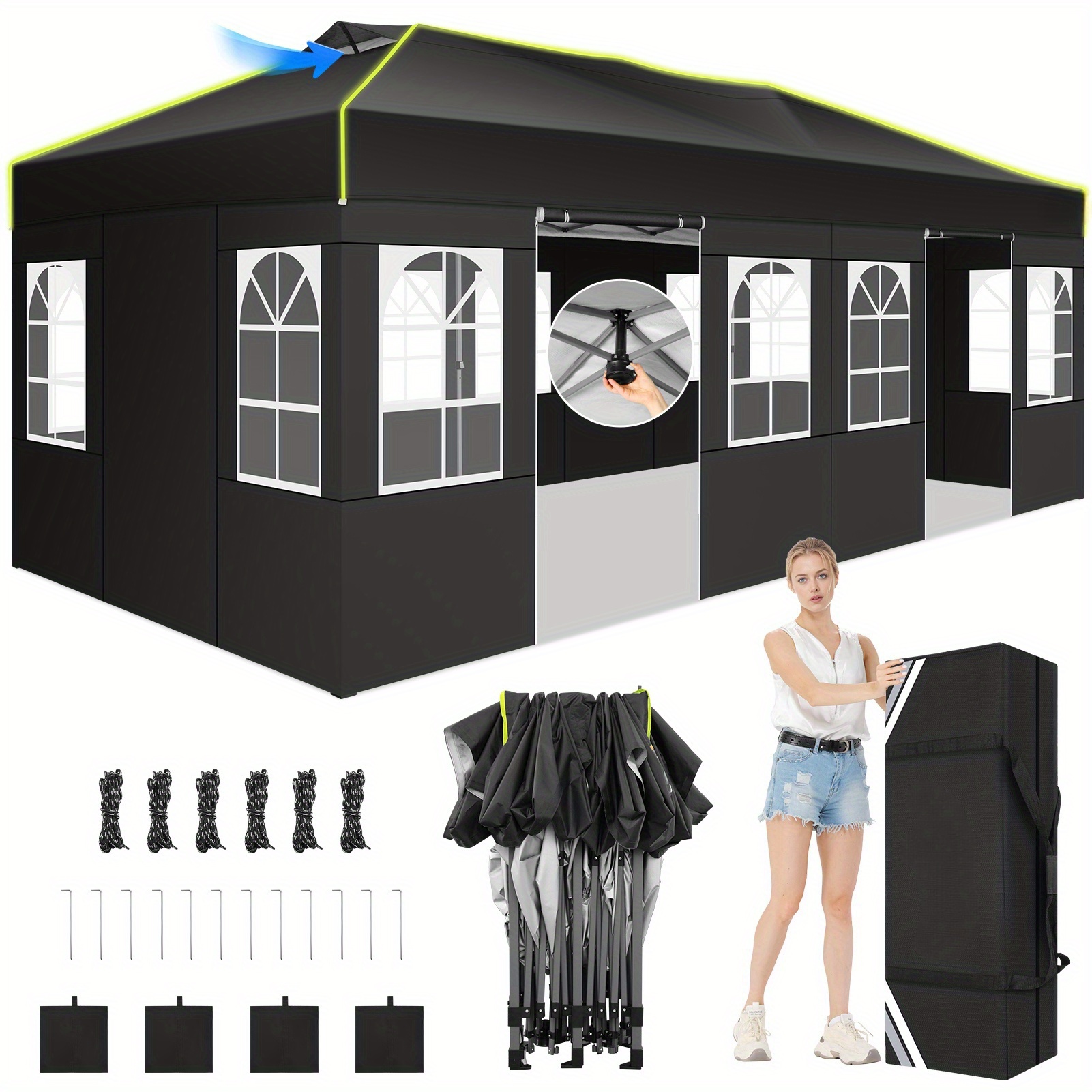 Image of 3x6m Pop-up Tent With 6 Removable & Fluorescent Strips, Vented Design & Clear Windows, Easy Setup Sunshade For Weddings, Parties, Bbqs, Trade Shows, Sports Events, Relief, Includes Carrying Bag
