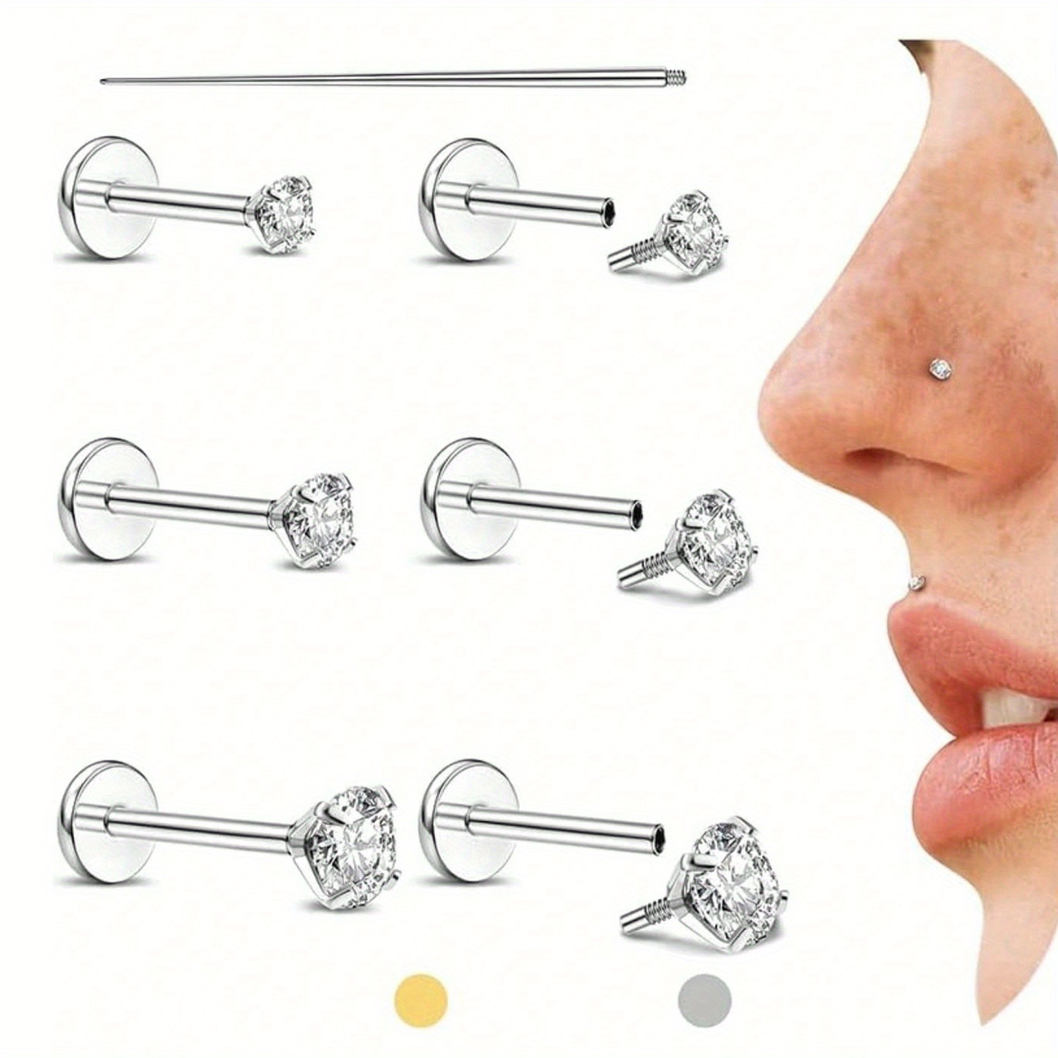 

7pcs Flat Back Earrings - Internal Thread 16g Piercing Jewelry For Tragus Hypoallergenic Labret Lip Conch Nose 316l Stainless Steel Stud For Women Men