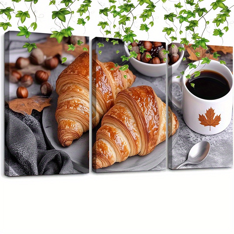 

Framed 12in * 16in 3pcs Croissant Pastry Canvas Wall Art Kitchen Food Picture Poster For Home Office Wall Decor