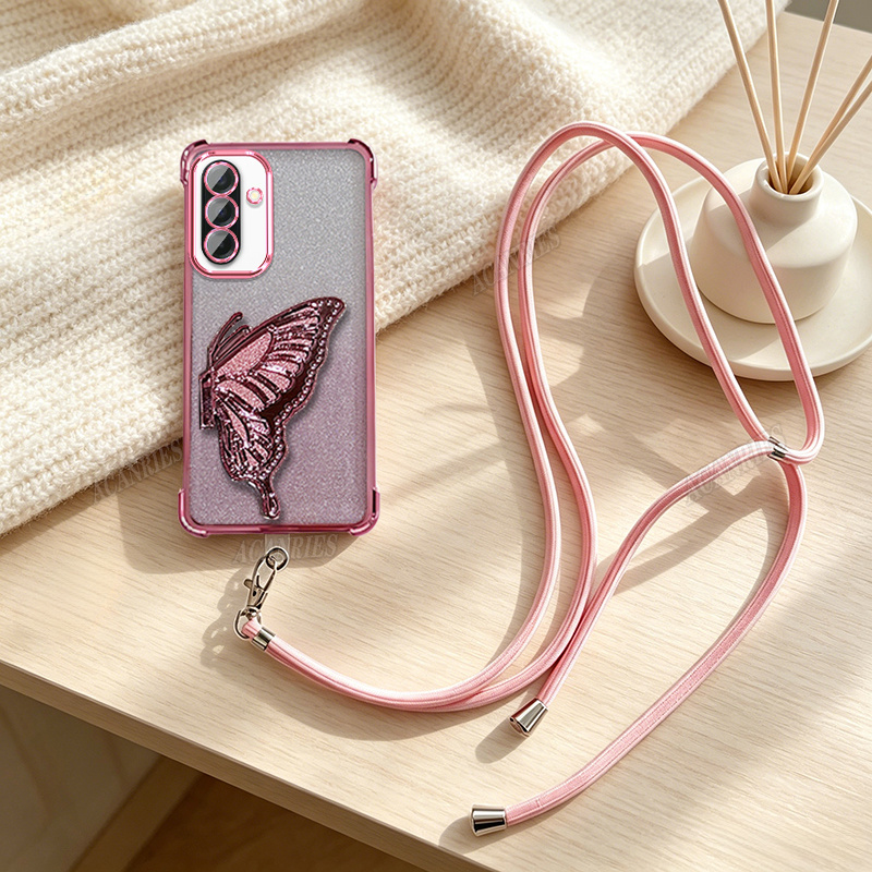 TEMU Phone Case - For Galaxy A17/a27/a37/a57 5g/m56 5g Phone Case With Self-adhesive Single Wing Holder And Solid Color Adjustable Crossbody Lanyard