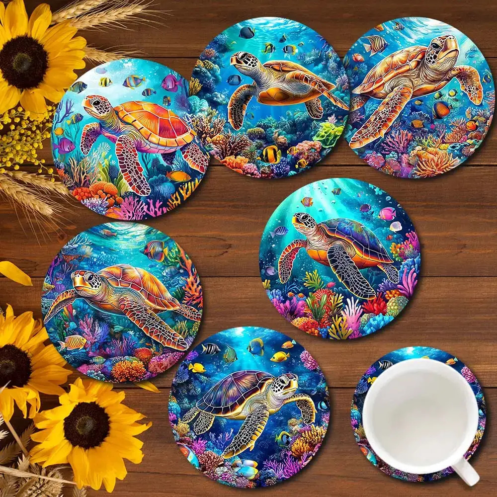 TEMU 6pcs Set Of Reclaimed Wood Coasters - Tropical Turtle And Design, Featuring 6 Vibrant (turquoise, Orange, Pink, Blue, Yellow, Purple) -