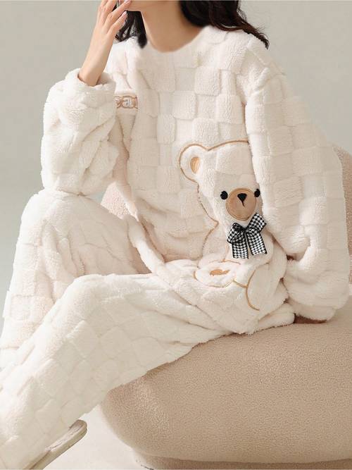 winter womens warm pajama set cute bear pattern casual loungewear set