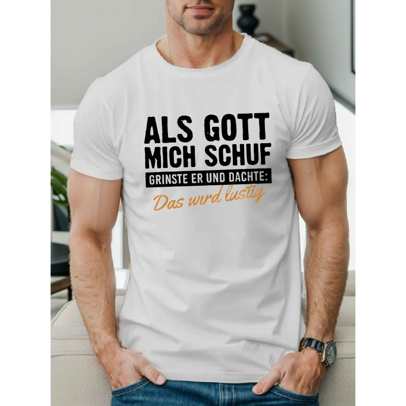 

Men's Casual With German Quote - Short Sleeve, Crew Neck, Polyester, Summer Top With Humorous Text Design