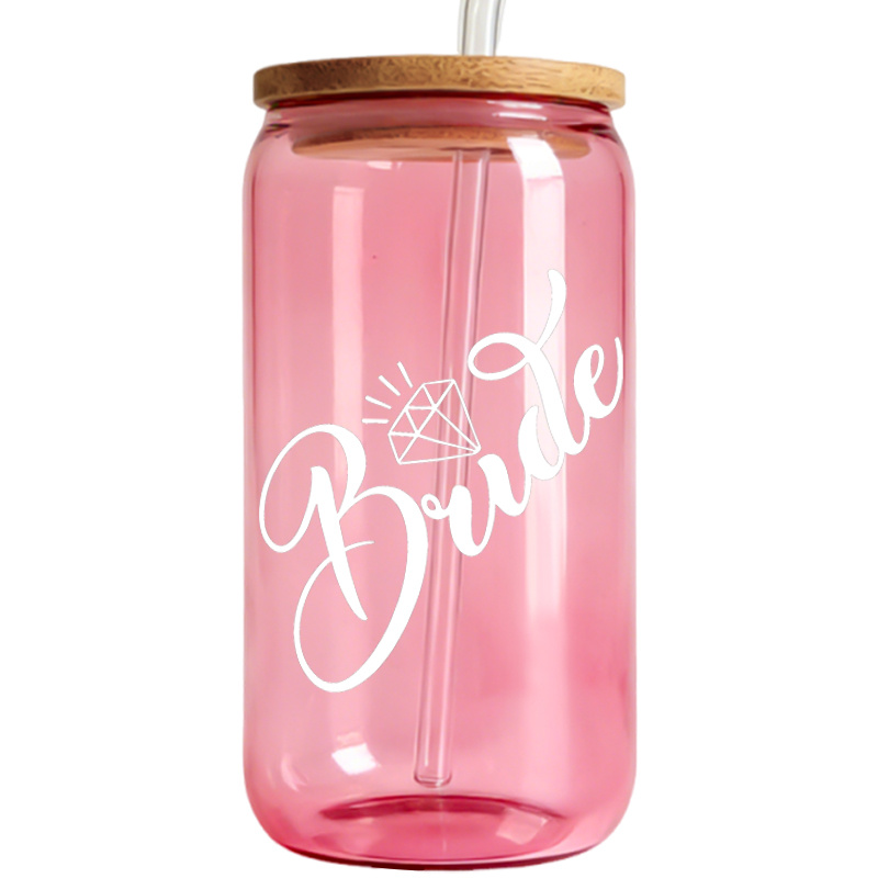 TEMU 1pc Pink Borosilicate Glass Cup, Heat And Cold Resistant Use, Romantic Gift For Bride, Wedding Favors , With Lid And Glass Straw