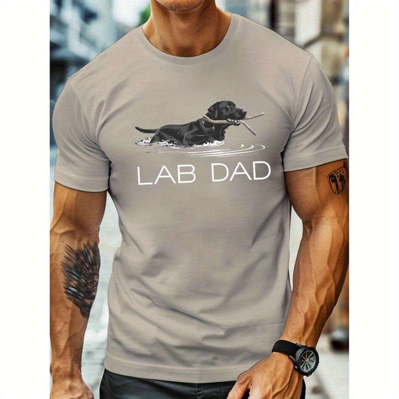 

Men's "lab Dad" Graphic Tee - Casual & Lightweight Polyester, Round Neck Short Sleeve T-shirt With Swimming Labrador Design, Ideal For Summer, Dog Dad T Shirt