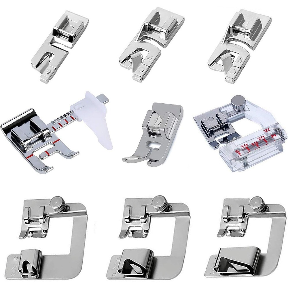 TEMU Jeu de 9 pieds-de-biche pour machine à coudre, incluant 3 pieds-de-biche à ourlet roulé étroit, 3 pieds-de-biche à ourlet roulé, pied-de-biche ,