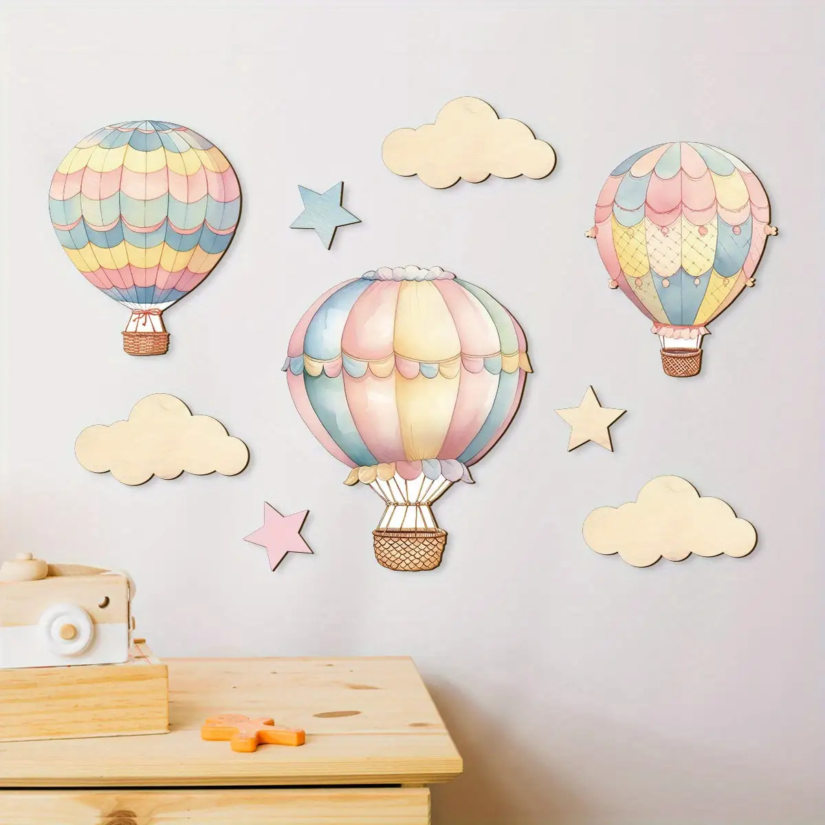 Image of 9pcs-piece Hot Air Balloon Wooden Wall Decoration Set With , Art Set For Bedroom, Classroom, And Playroom, Easy To Hang, Classroom Wall Decoration| Vibrant Wall Art|