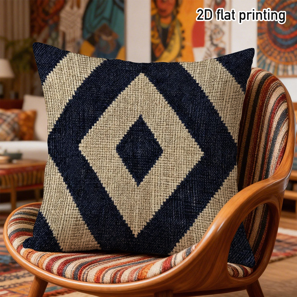 TEMU de cojín decorativa de 1 pieza con diseño estampado de diamante geométrico no texturizado, estampados dúplex con de rombos azul y , ideal para