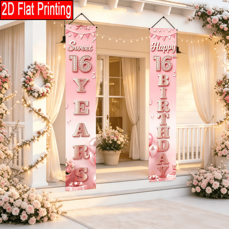 TEMU 2D Plat - 2D Plat - 2D Plat 2 stuks Mooie 16e Verjaardag Thema Banner Roze Ballon Bloem Taart Ontwerp Vlag Buiten Muur Achtergrond Fotografie