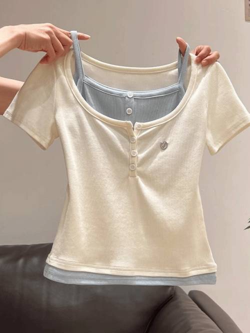 girls summer new contrast color 2pcs half short sleeve t shirt