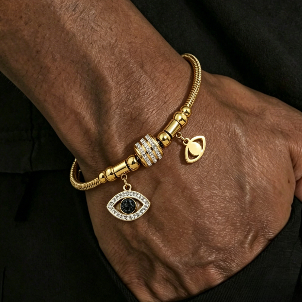 TEMU Evil Eye Golden Bead Bracelet, Non-fading 316l 316l Stainless Steel 18k Gold Plated Snake Bone Chain, Unisex For Any Occasion
