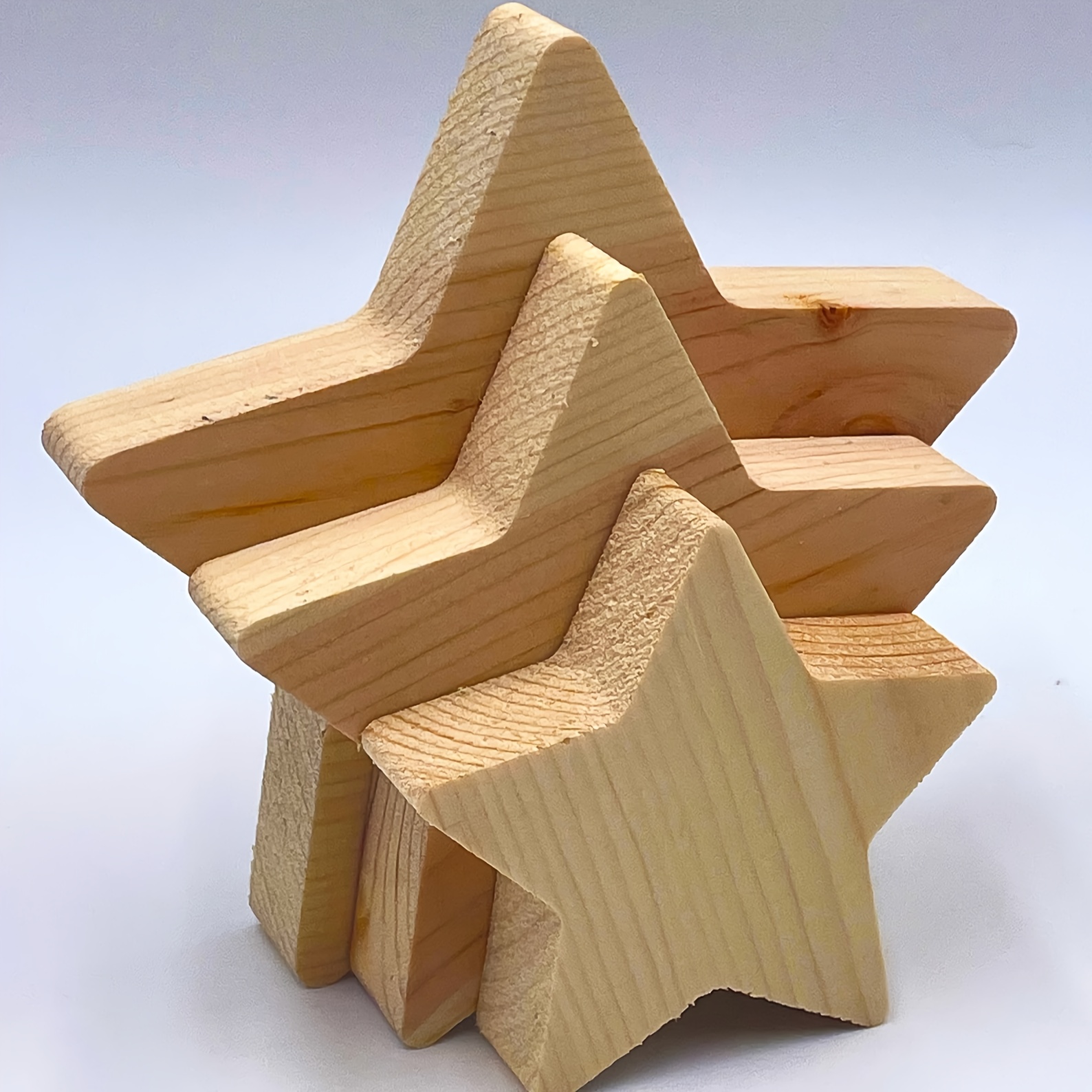 Image of 3pcs Wooden Star-shaped Cutouts - Unfinished, Christmas Decor, Suitable For Handmade Decor, Artistic Decorative Style, Handmade, Smooth Texture - Natural Wood Craft Material, Handmade Projects