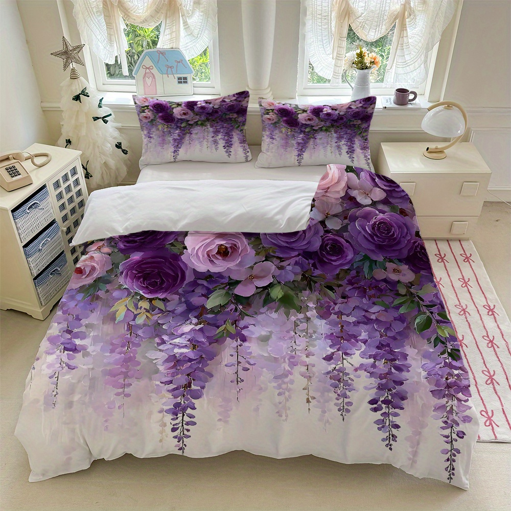 TEMU A Bedding Featuring A Pattern Of 3 Purple Roses And Wisteria Flowers On A White Background, Including 1 Duvet Cover And 2 Pillowcases (comforter