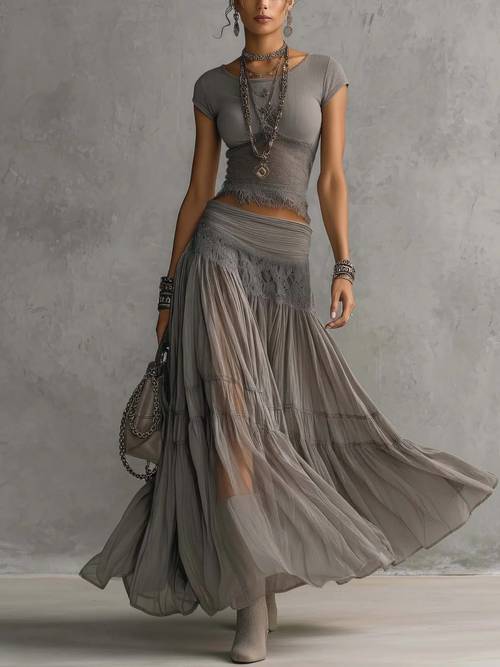 2026 elegantes, graues chiffon-kleid-anzug-set mit top, damenmode, elegant