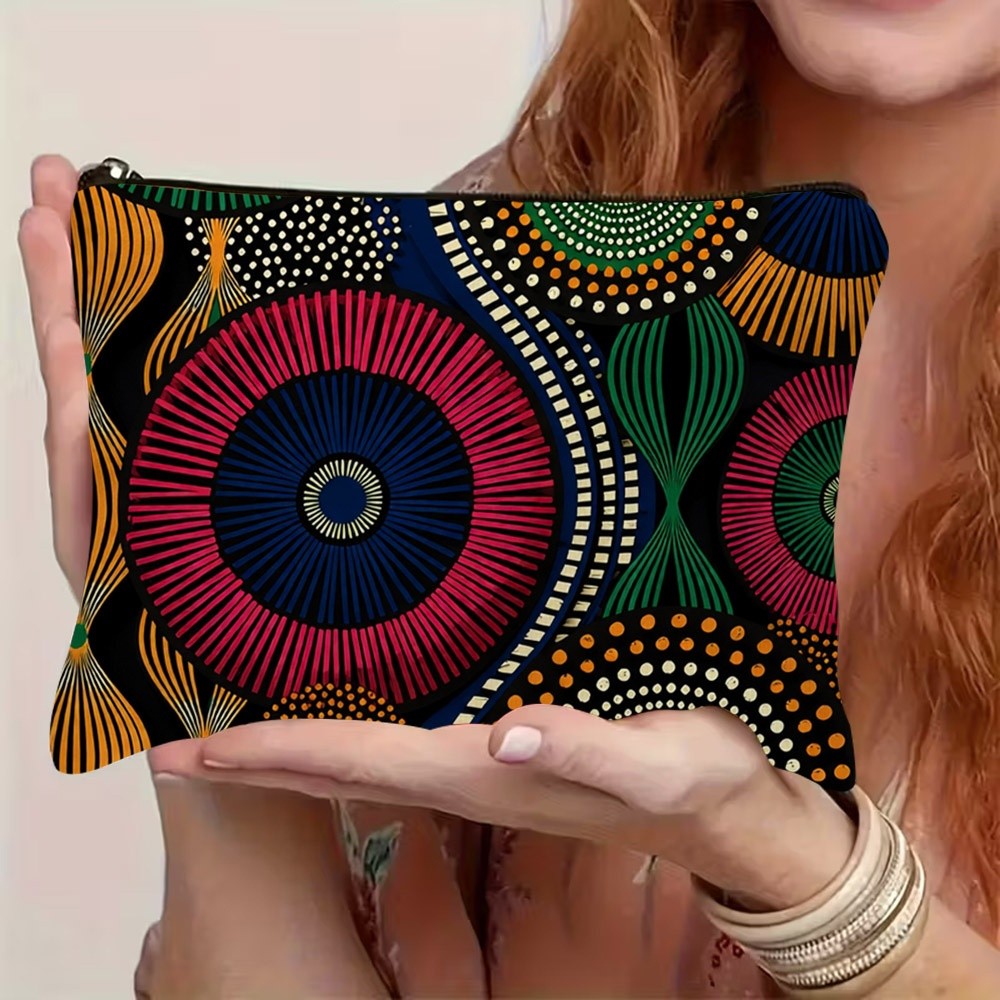 TEMU 1 pieza Bolso de tipo clutch tribal africano con cierre de cremallera - Neceser de maquillaje para mujer con de mandala y geométricos de puntos,
