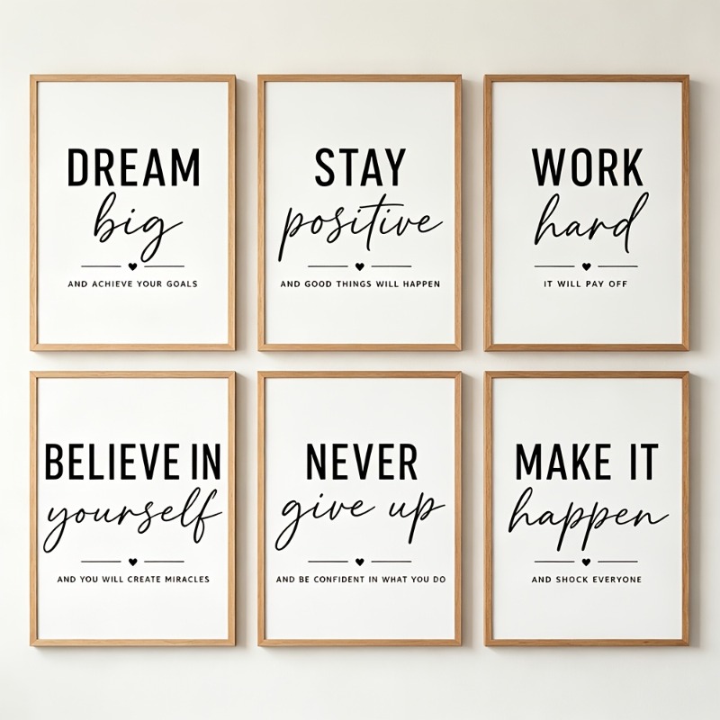 TEMU 2d Flat, 6pcs Modern Vertical Motivational Quote Posters Suitable For Office Wall Decor - Frameless Black & White Positive Affirmation Prints