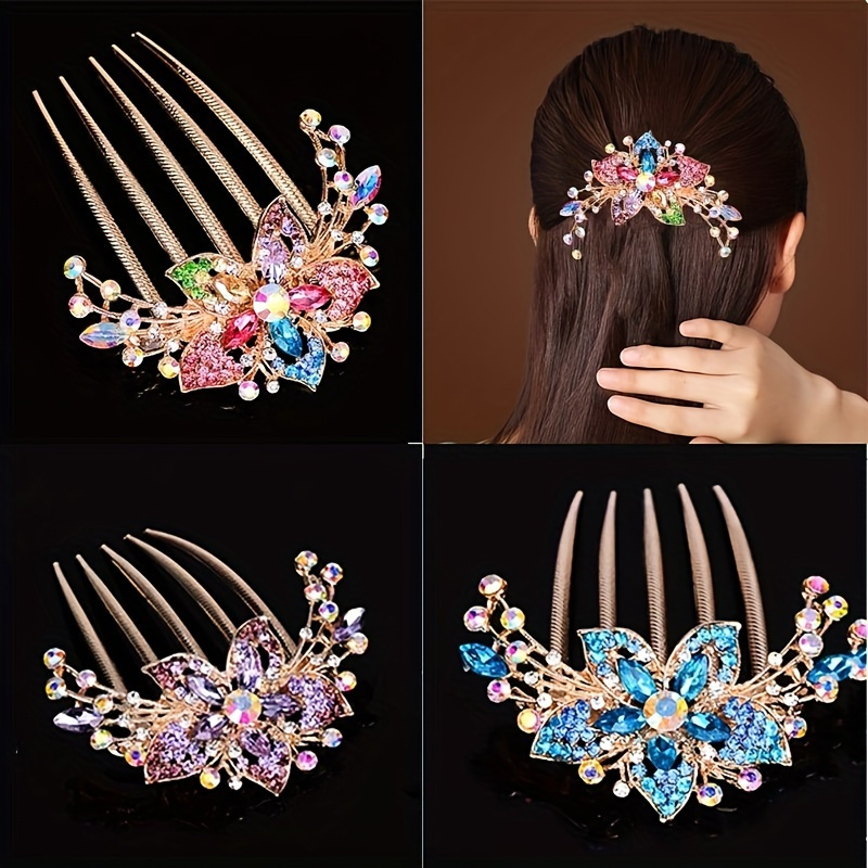 TEMU 4pcs Elegant Vintage Alloy Flower Hair Combs, Five-tooth Ponytail Holders, Wedding Banquets And Special Occasions - Ideal Birthday, New Year, Valentine's Day Gift
