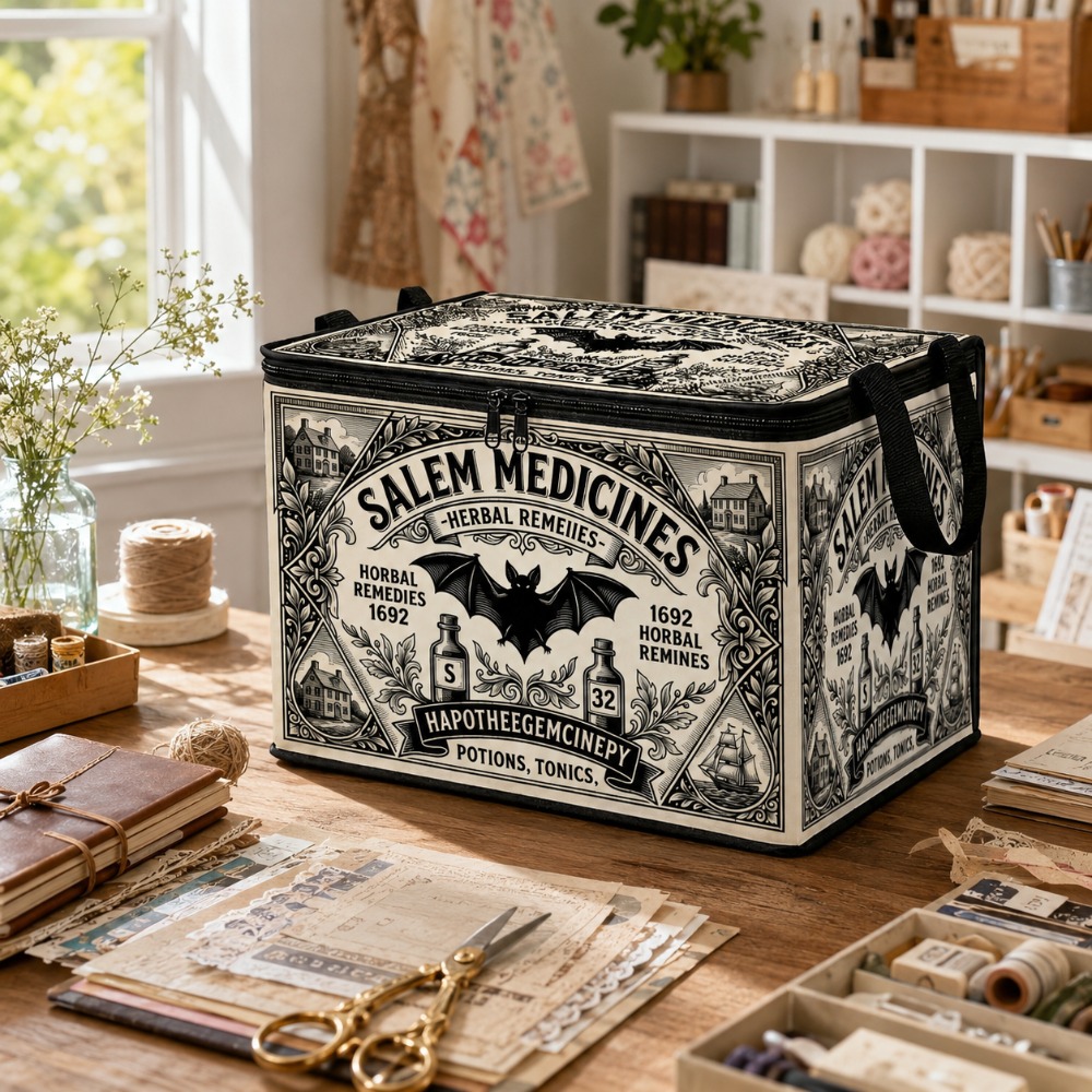 TEMU 1pc Vintage Black And White Line Art Salem Bat Herbal Potion Print Fabric Storage Box, Double Zipper Closure For Dust And Moisture Protection,