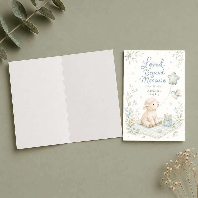 "Loved Beyond Measure" Greeting Card Featuring Soft Watercolor Lamb
