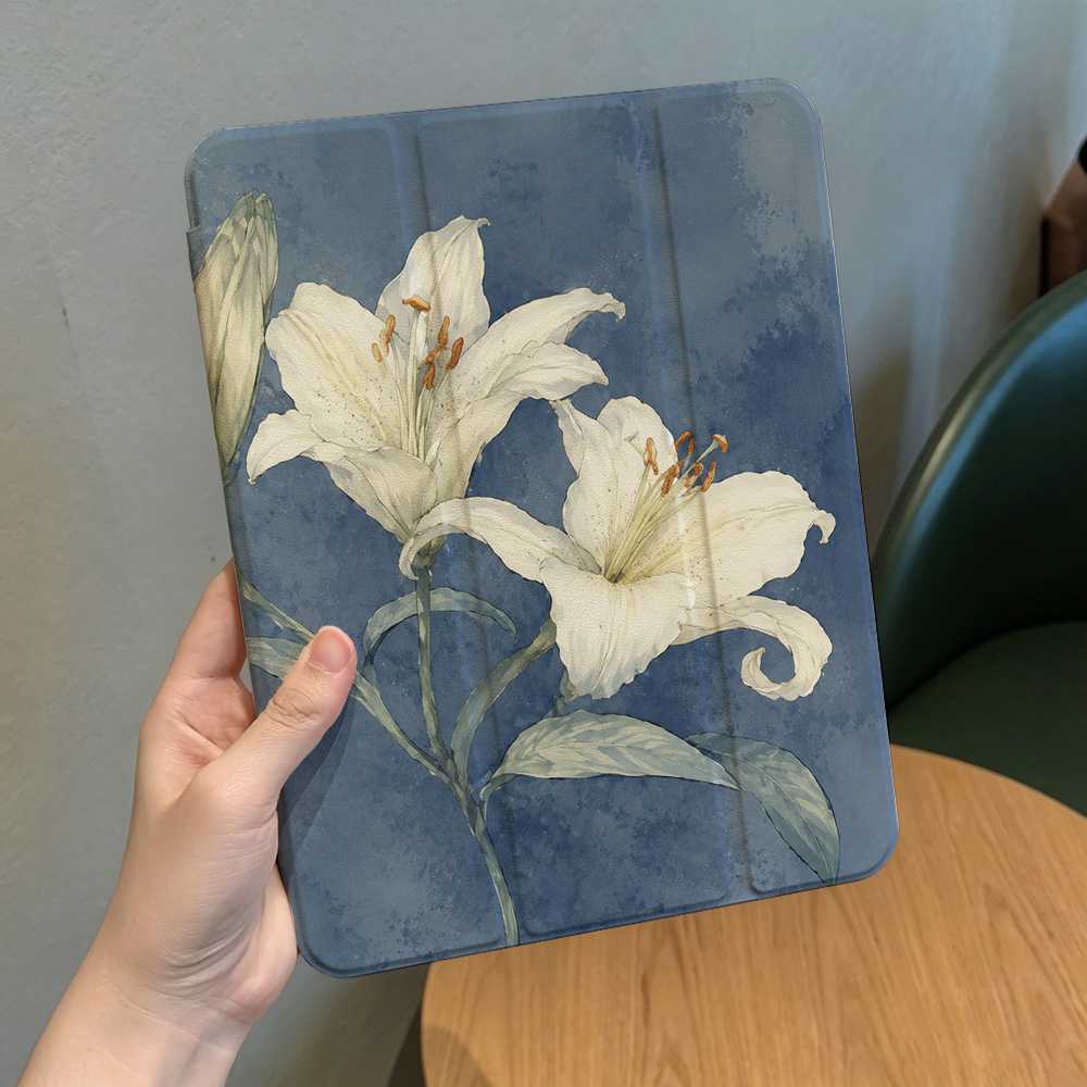 TEMU Blue Lily Flower Tablet Case Suitable For For Ipad 11th For Ipad 10th Generation Tablet Case With Pen Slot Anti-drop Durable 2026 11 Fashionable