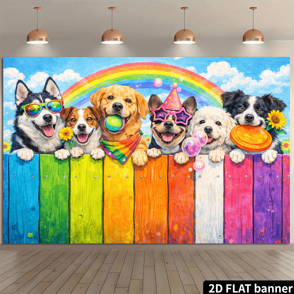 TEMU 2d Colorful Dog Party Banner Backdrop With Adorable Puppies Peeking - Multicolor Suitable For Pet-themed Decorations, &, Durable Hanging Banner