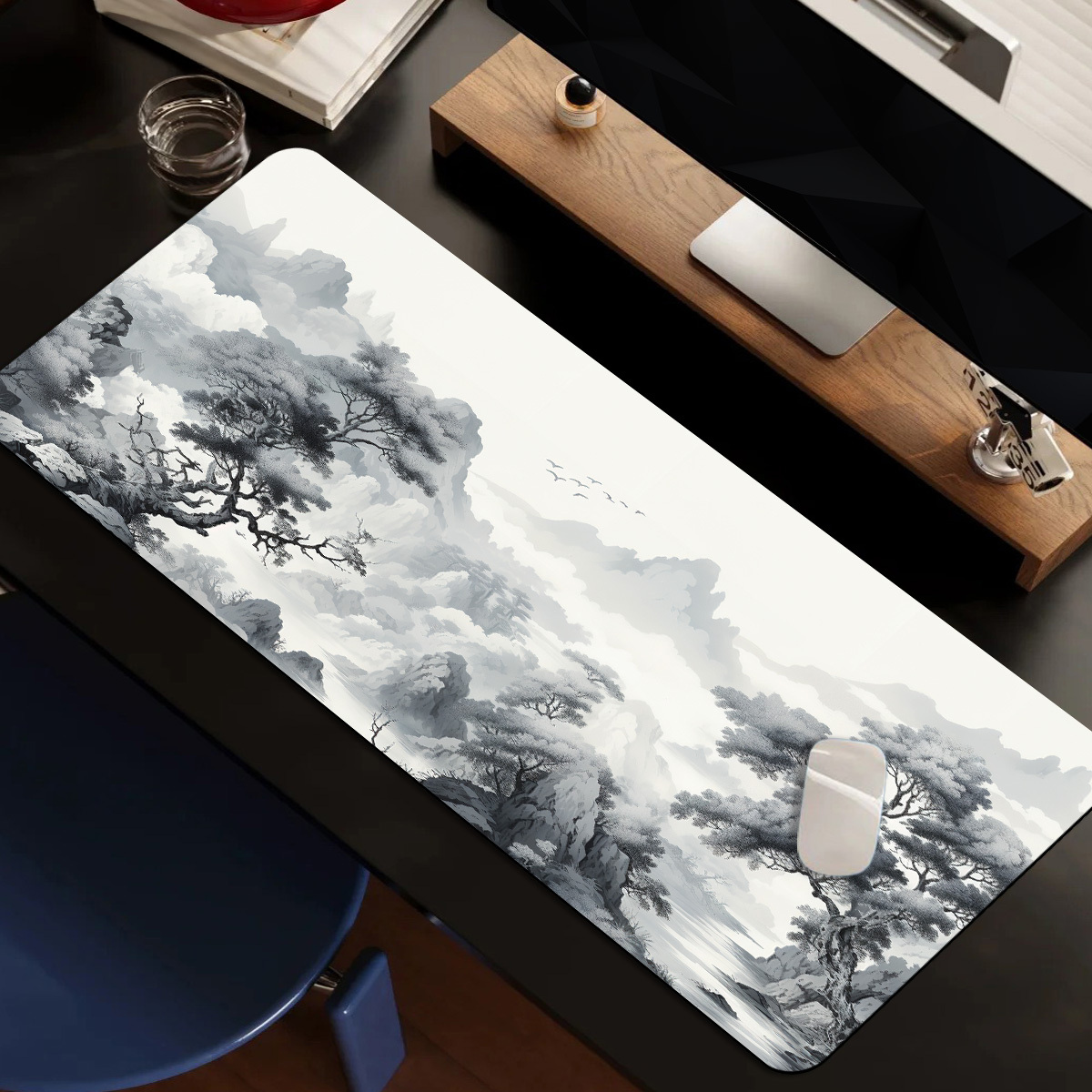 TEMU 1 tapis de souris et tapis de pour bureau d'ordinateur - Design paysage en encre chinoise - Protection pour ordinateur portable, tapis de bureau
