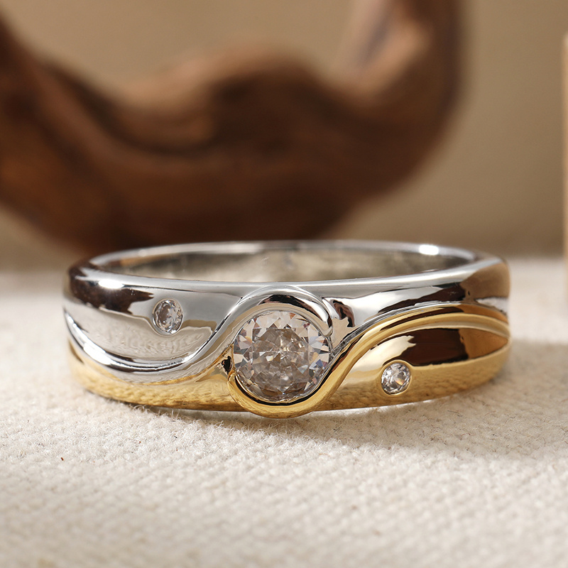 Women's Double-Colored Smooth Wave-Shaped Wide Ring, Engagement