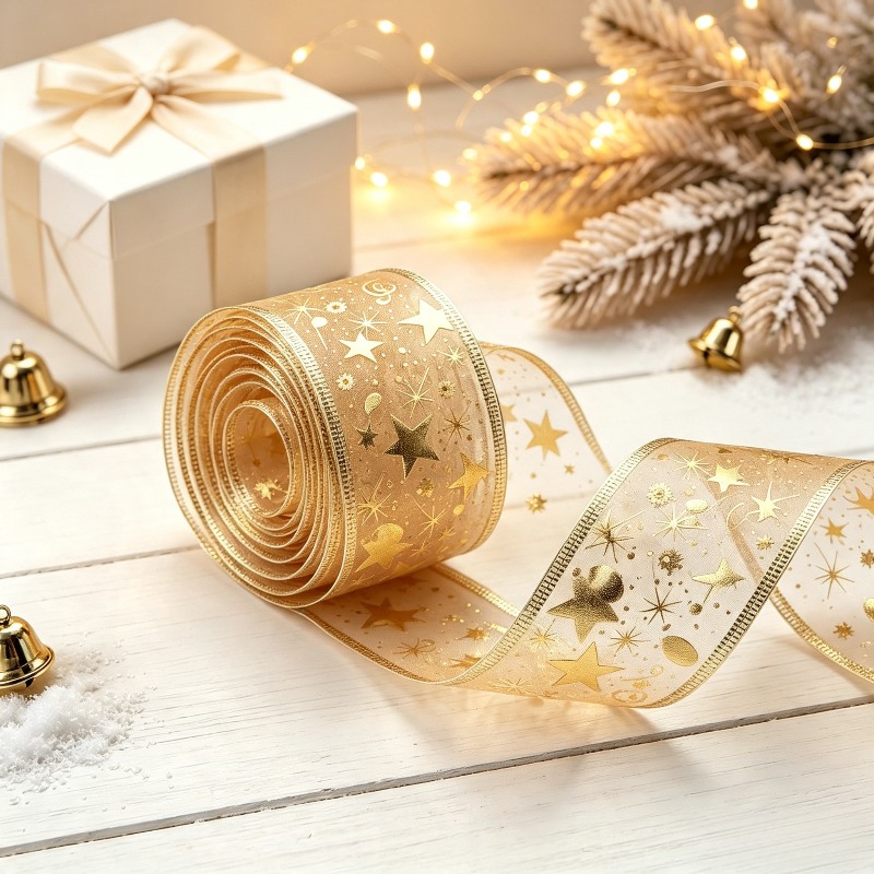 TEMU 5cm X 6m Champagne Golden Hot Ribbon, Note Hot Gauze Ribbon, Light Star Christmas Ribbon, Christmas Winter Atmosphere Ribbon, For Handcraft