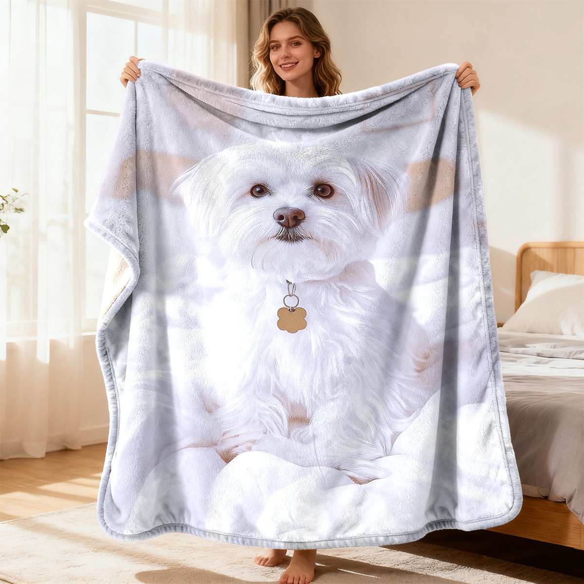 TEMU Lightweight And Warm Flannel Blanket, Featuring A Comfortable Maltese Dog Print Design, Perfect For Your Sofa, Office Chair, Camping, Or Travel.