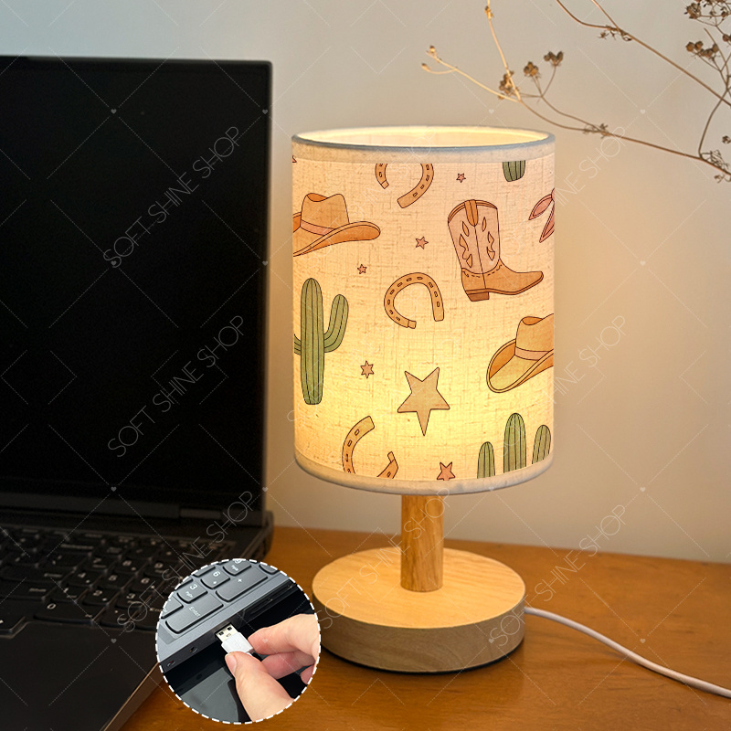 Printed Table Lamp with Fabric Shade, USB Powered for Home Decor