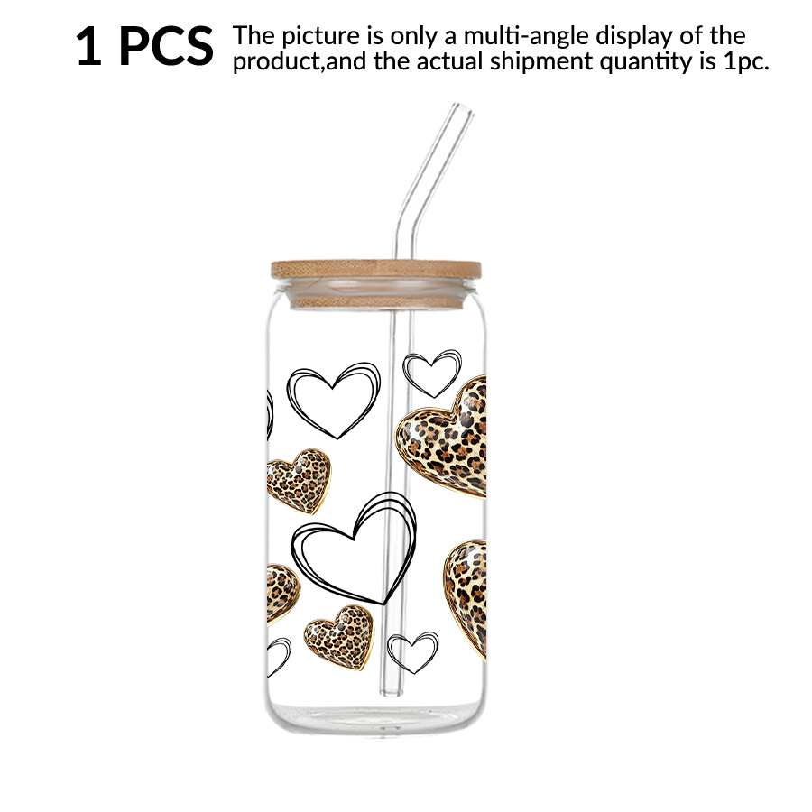 Image of 1pc Of -ounce Glass Soda Can Featuring A Bamboo Lid And A Glass Straw, With Uv Printing Of Hearts, Leopard Patterns, And Line Designs. This Glass Cup Is Suitable For Coffee, Juice, Or As A Jar