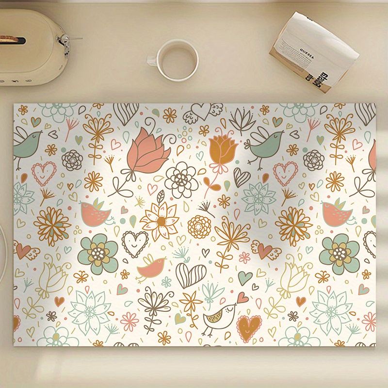 TEMU 1pc, Fashion Floral Easy Sketch Print Absorbent Placemat, Utensil Drying Mat, Suitable For Dishes, Cups And Coffee Machine, With Rubber Non-slip