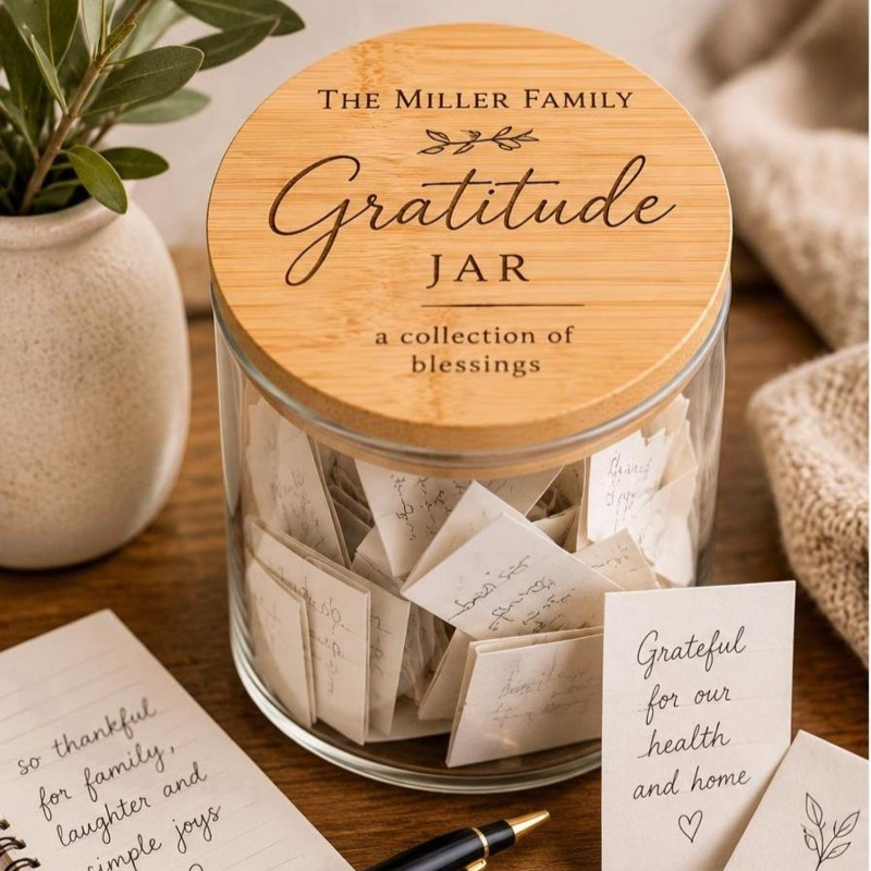 TEMU Custom Decorative Jar, Personalized Family Gratitude Jar | Engraved Bamboo Lid, Glass Keepsake