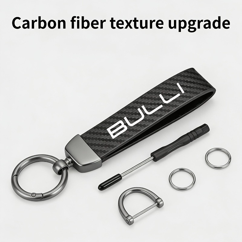 Image of 1pc Car Keychain, Suitable For Most For Bulli Models. 360-degree Rotating Metal Clasp, Carbon Fiber Texture, Durable Material, Anti-loss, Car And Motorcycle Key Accessory