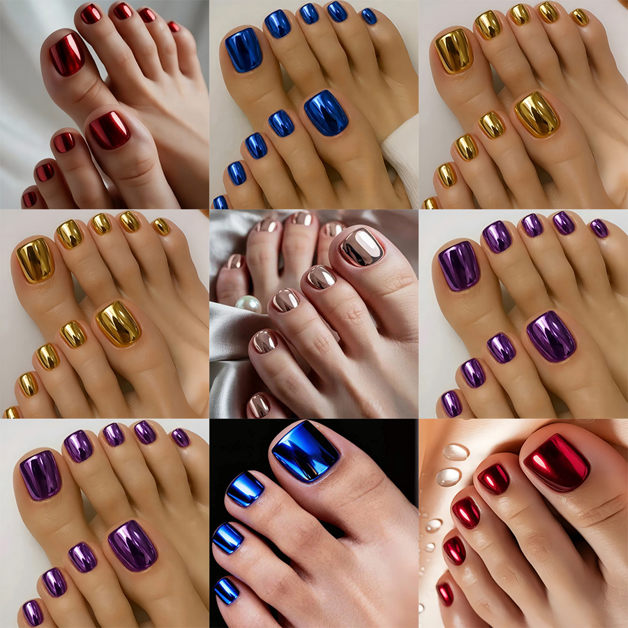 216pcs Mirror Metal Leg Wear Nail Polish, Wine Red, Royal Blue, Golden, Purple Tone Electroplated Toe Nail Tips, Minimalist Glossy End Pedicure