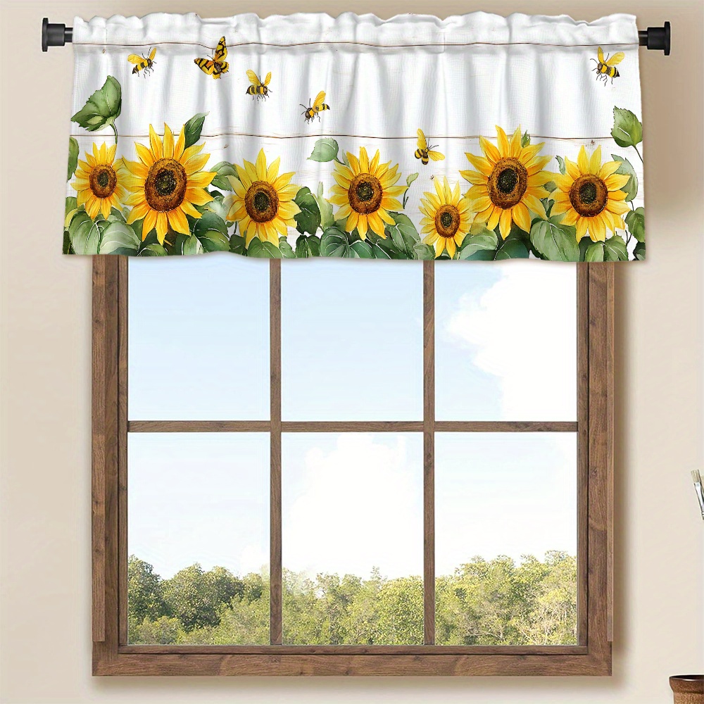 TEMU 2d Flat, 2d Flat Printed 1pc Kitchen Short Curtain - Sunflower White Wood Grain Pattern, Short Rod Pocket Semi-sheer Polyester Fabric, Art ,
