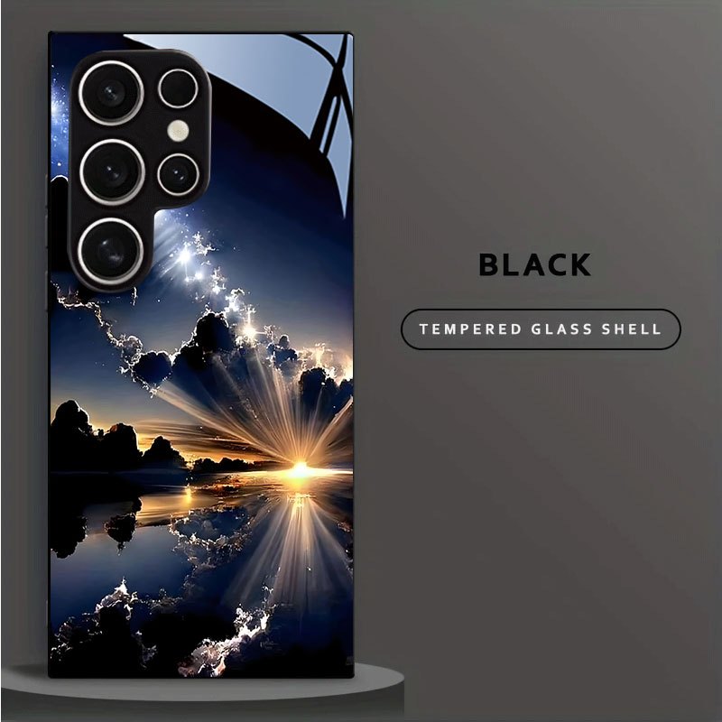 TEMU Phone Case: New Premium Fashionable Black Glass Phone Case With "sea Of Clouds, Flowing Light, And " , For Galaxy S26/s26 Plus/s26