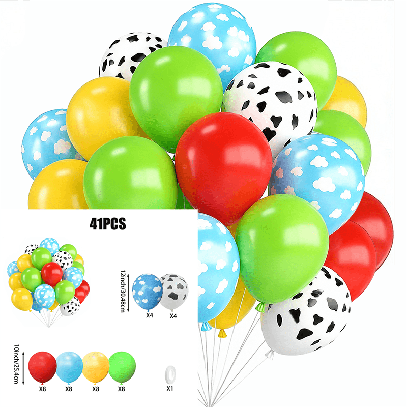 TEMU 41pcs Cartoon Party Balloons, Green Yellow Solid Latex Balloons, Blue White Cloud Print & Spot Balloons, For Birthday, Shower, Outdoor Picnic