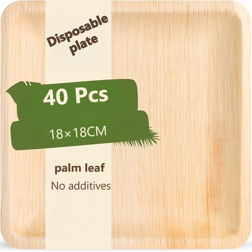 Image of 40pcs Wood Palm Leaf Plates - Disposable Thickened Square Plates Suitable For Table Decoration, Desserts, Bbq, Salads - Lightweight Plates For Outdoor Parties, Picnics, Holidays ( Wood Grain)