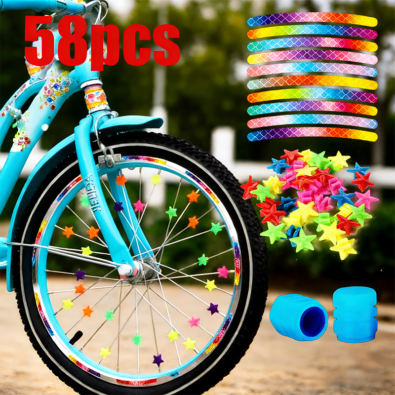 TEMU 58 pz Decorazioni per Ruote di Bici Adesivi Fosforescenti Notturni per Ruote con Perline per e Tappi Valvola Fosforescenti Adatti per Stile Div,