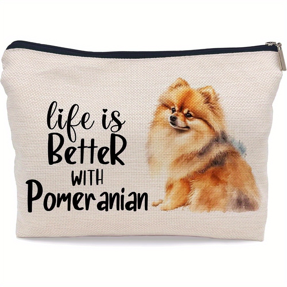 

1pc Linen Pomeranian Makeup Bag, " With Pomeranian" Print, Unscented Travel Toiletry Pouch, Decorative Cosmetic Zipper Bag For Dog Lovers, Pomeranian Mom Gift